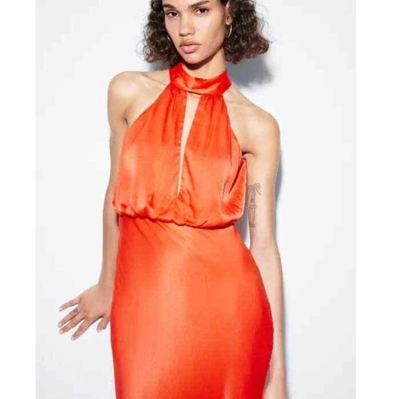 Zara Orange Halter Neck Silk Maxi Midi Dress Medium - Picture 2 of 7